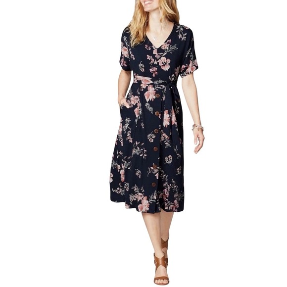 J.Jill Dresses & Skirts - J.Jill Botanical Brunches Navy Blue Floral Button Front Midi Dress Medium